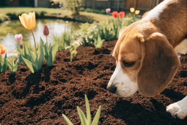 A beagle sniffs cocoa mulch in a spring garden bed while a green-tinted pond looms behind, illustrating hidden backyard toxins.