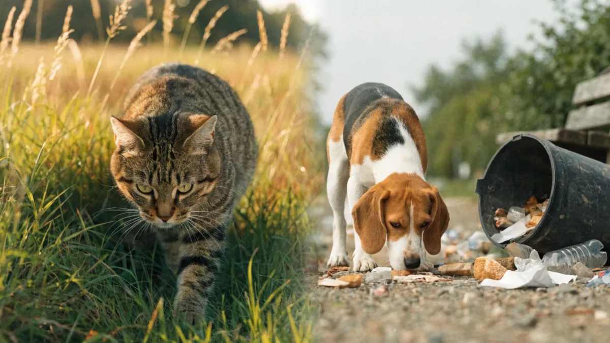 A hunting cat and a scavenging dog illustrate the different parasite risks faced by each species.