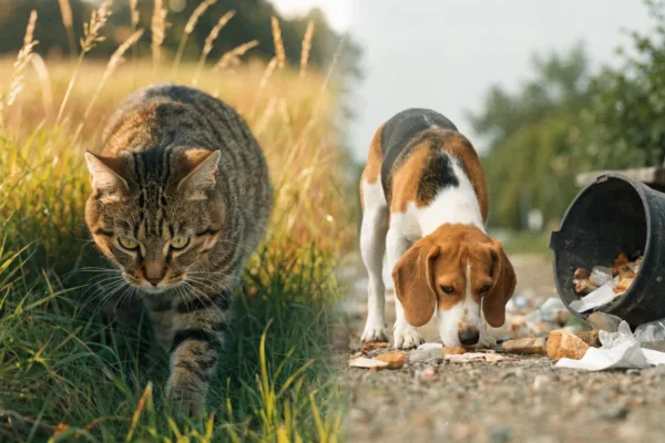 A hunting cat and a scavenging dog illustrate the different parasite risks faced by each species.