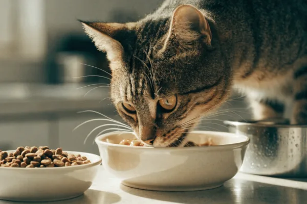 A tabby cat eats moisture-rich wet food beside a bowl of dry kibble, illustrating the hydration difference between the two diets.