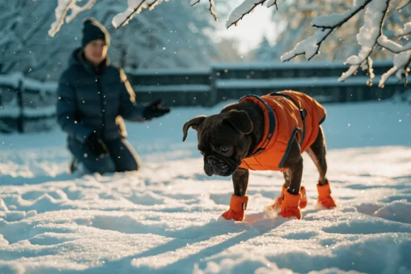 A small dog in a winter coat and booties explores snowy ground while its owner watches closely nearby.