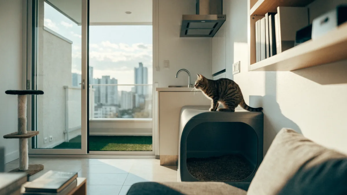 A cat beside its litter box nook in a compact apartment, with a turf potty patch on the city balcony beyond.