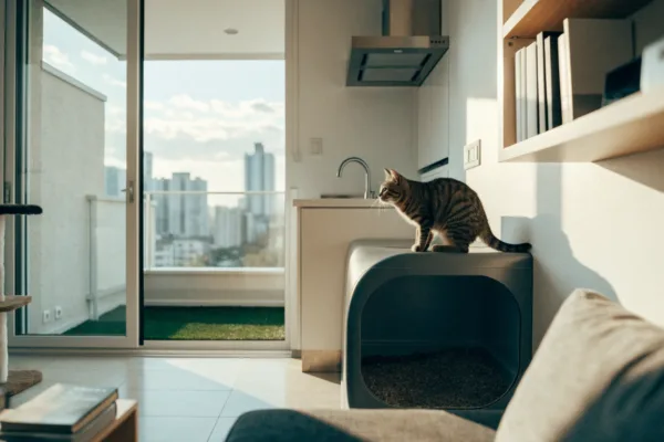 A cat beside its litter box nook in a compact apartment, with a turf potty patch on the city balcony beyond.