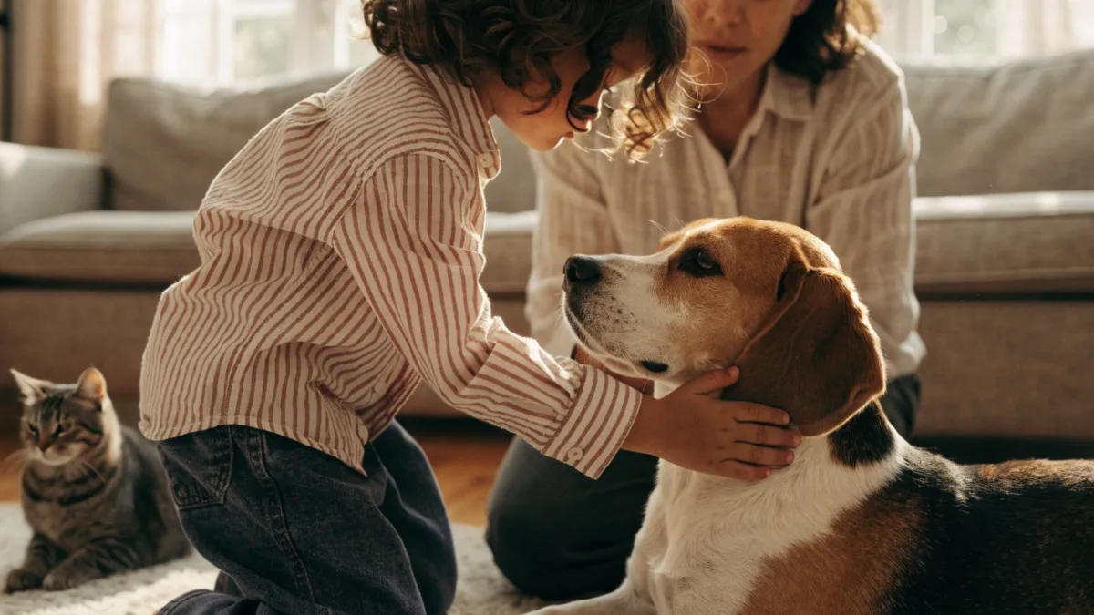 A young child gently pets a relaxed beagle under parental supervision while a cat watches nearby.