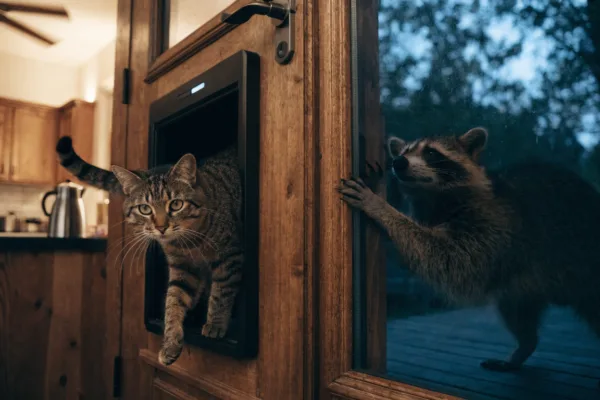 A cat enters through a microchip pet door while a raccoon remains locked outside at dusk.