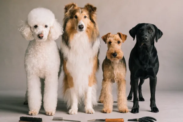 Four dog breeds with genetically distinct coat types—curly, double, wiry, and smooth—each requiring different grooming care.