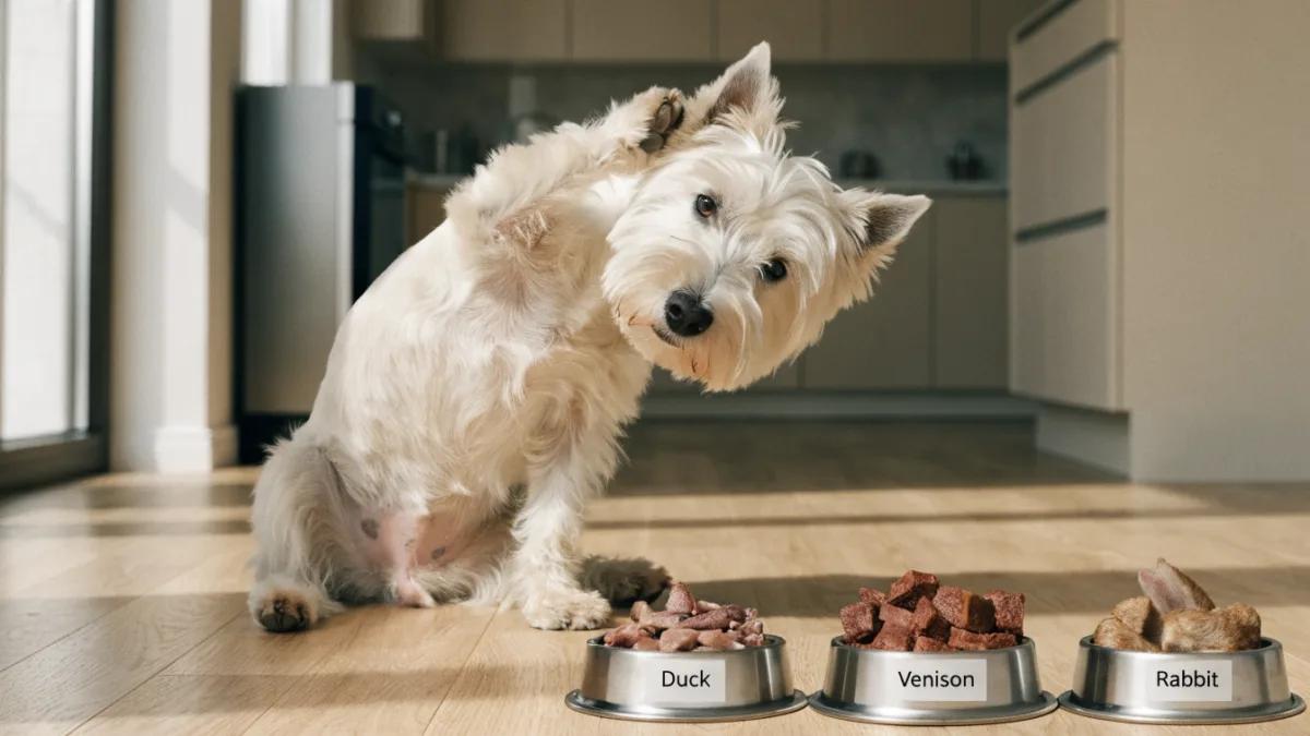 A West Highland White Terrier with itchy, irritated skin sits beside bowls of novel protein foods including duck, venison, and rabbit.