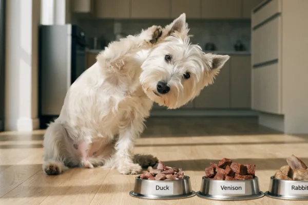 A West Highland White Terrier with itchy, irritated skin sits beside bowls of novel protein foods including duck, venison, and rabbit.