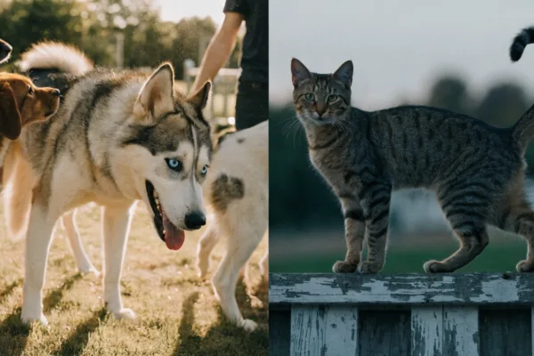 A social husky among its pack contrasts with a solitary tabby cat, illustrating the evolutionary divide in dog and cat behavior.