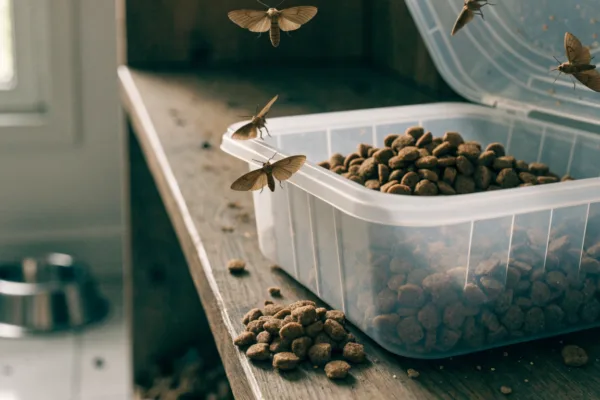 Pantry moths and mouse damage contaminate dog kibble stored in an open plastic bin.