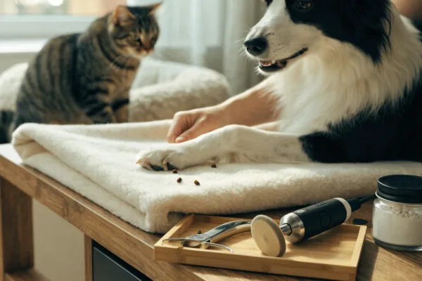 Relaxed dog getting a stress-free nail trim with clippers and a dremel grinder laid out on a grooming table.