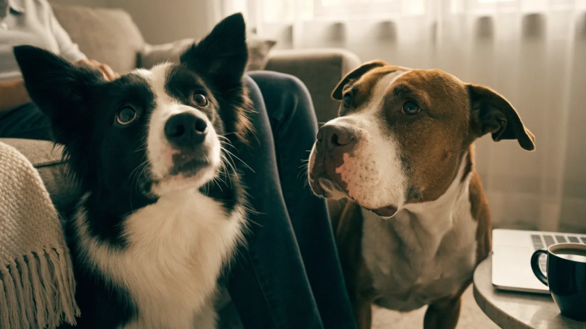 Two dogs compete for their owner's attention on a sofa, illustrating shifting pack dynamics in a multi-dog home.