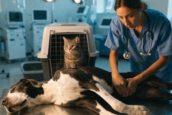Veterinarian urgently examines a Great Dane showing signs of bloat while a cat with urinary distress waits nearby.