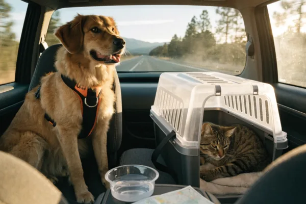 A harnessed dog and relaxed cat enjoy a safe, well-planned long-distance car ride through scenic mountain countryside.