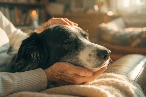 An elderly border collie rests peacefully in its owner's hands during comfort-focused end-of-life pet hospice care at home.