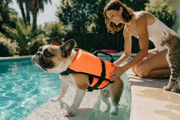 A French bulldog in a life vest learns to swim with help as a cat watches from the pool deck.