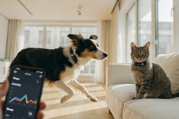 A dog and cat wearing smart fitness tracker collars, with a pet health app showing activity data on a smartphone.