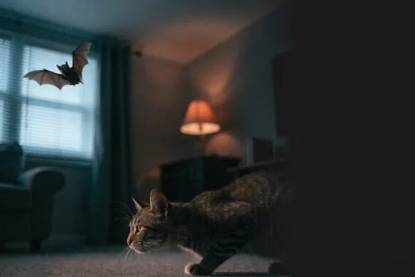 An indoor cat watches a bat circling the living room at dawn, a common rabies exposure scenario.