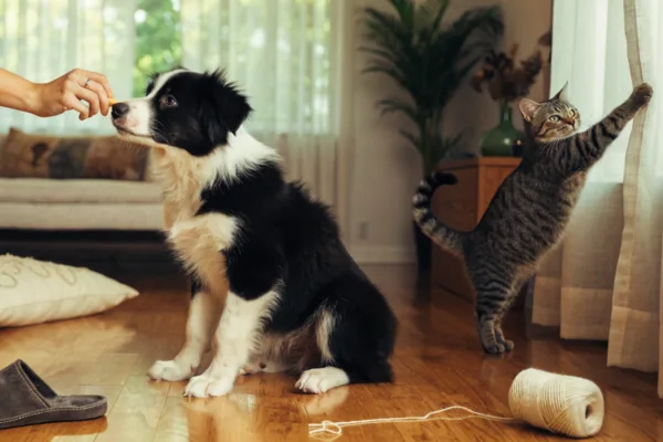 An adolescent puppy ignores a cue while a teenage kitten scales the curtains—classic pet adolescence in action.