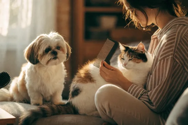 A pet owner brushing a long-haired cat while a Shih Tzu waits, showing an easy at-home grooming routine.