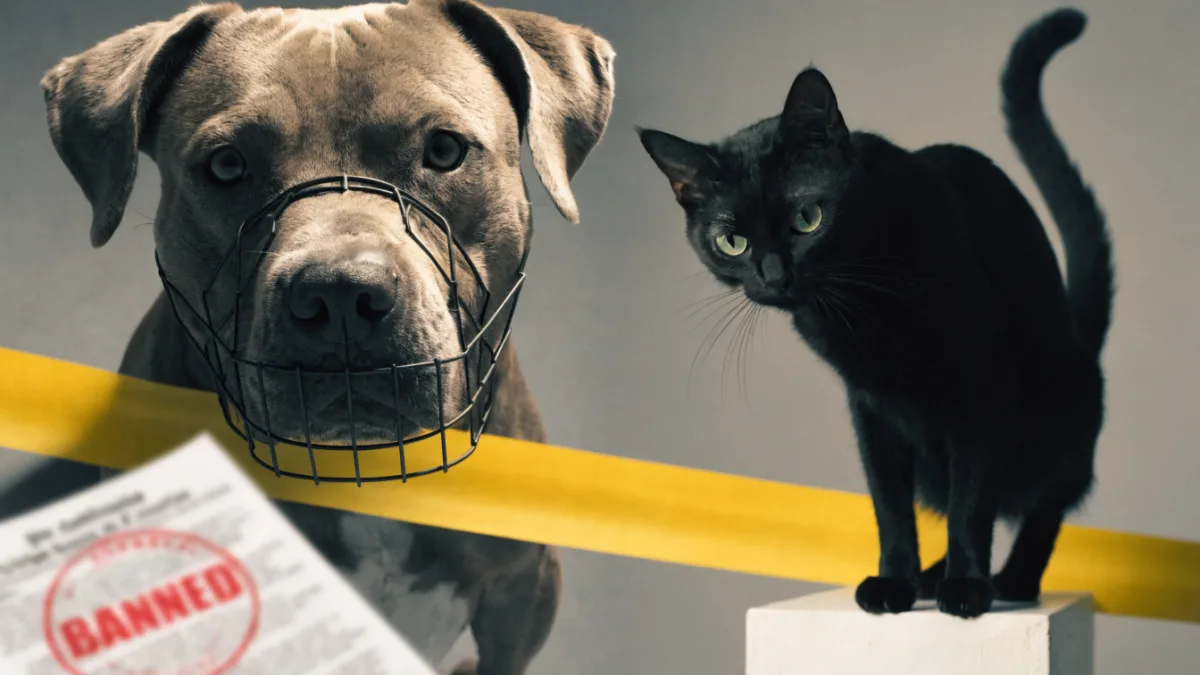 A muzzled pit bull-type dog behind caution tape contrasts with a cat facing no restrictions, illustrating Breed-Specific Legislation bias.