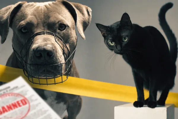 A muzzled pit bull-type dog behind caution tape contrasts with a cat facing no restrictions, illustrating Breed-Specific Legislation bias.