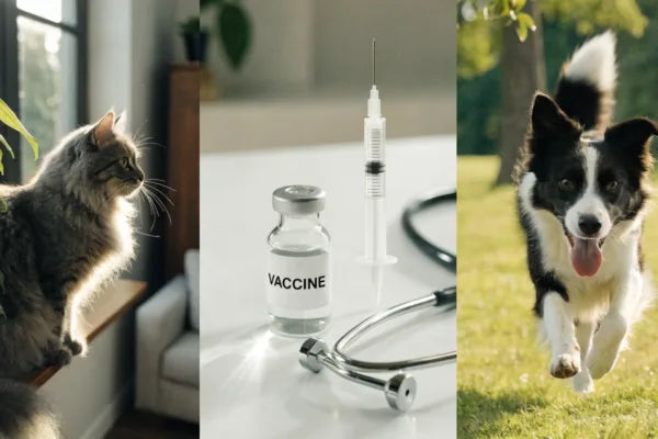 An indoor cat and an outdoor dog flank a vaccine vial and stethoscope, illustrating core vaccines every pet needs.