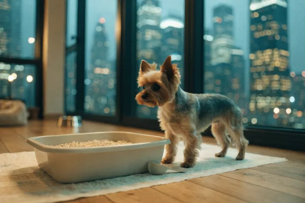 A Yorkshire Terrier stands beside a dog litter box in a high-rise apartment with city lights at night.