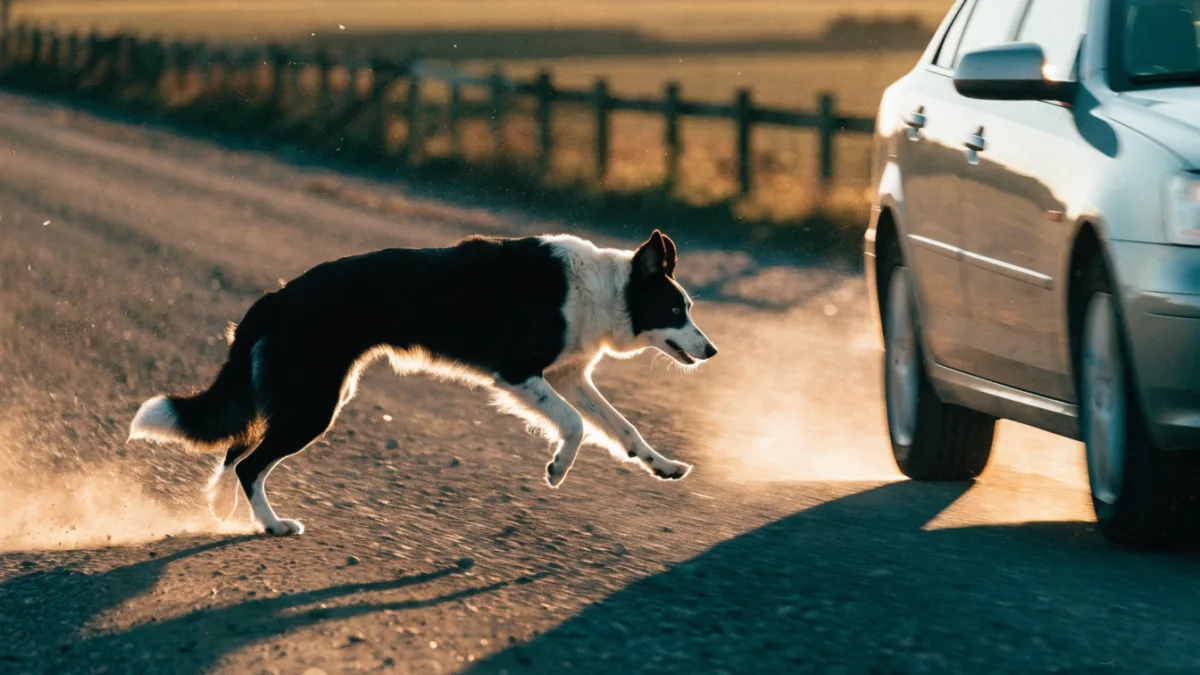 A border collie in hot pursuit of a passing car, illustrating the dangerous and obsessive behavior of vehicle chasing in dogs.