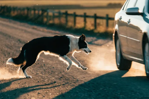 A border collie in hot pursuit of a passing car, illustrating the dangerous and obsessive behavior of vehicle chasing in dogs.