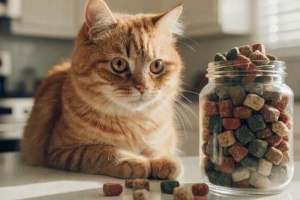 An orange tabby cat gazes longingly at an overflowing jar of treats, illustrating how snacks can unbalance pet nutrition.