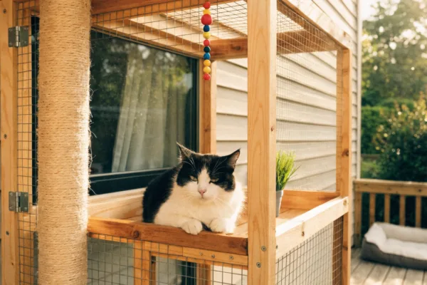 A tuxedo cat relaxes on the perches of a DIY cedar catio built outside a sunny window.