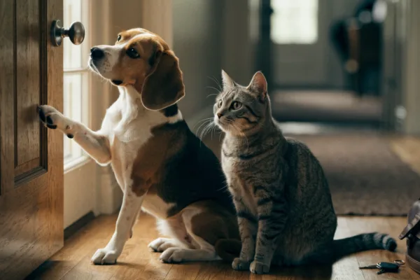 An anxious beagle and tabby cat watch the closed front door after their owner departs for work.