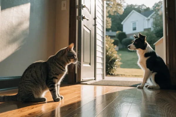 A cat and border collie sit calmly at an open front door, demonstrating successful indoor boundary training.