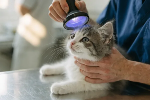 A veterinarian examines a young kitten under a Wood's lamp to check for ringworm infection.