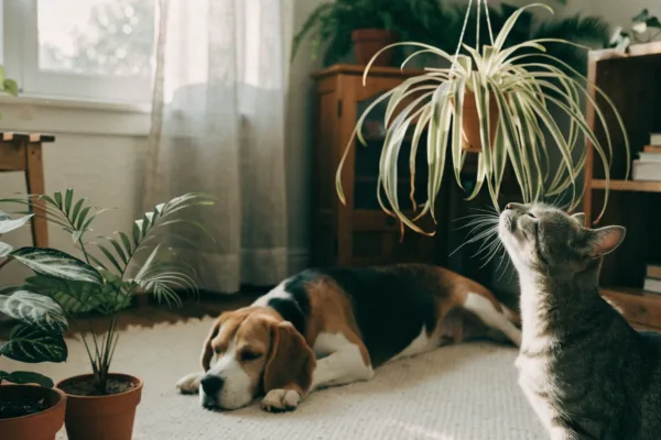 A curious tabby cat and beagle relax safely among pet-friendly houseplants in a sunlit living room.