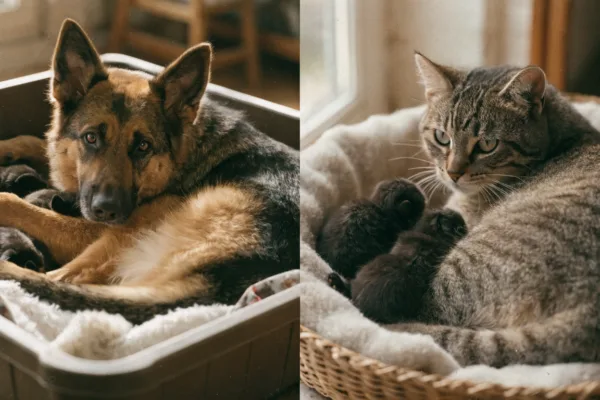 A nursing mother dog and a mother cat protectively watch over their newborn litters.