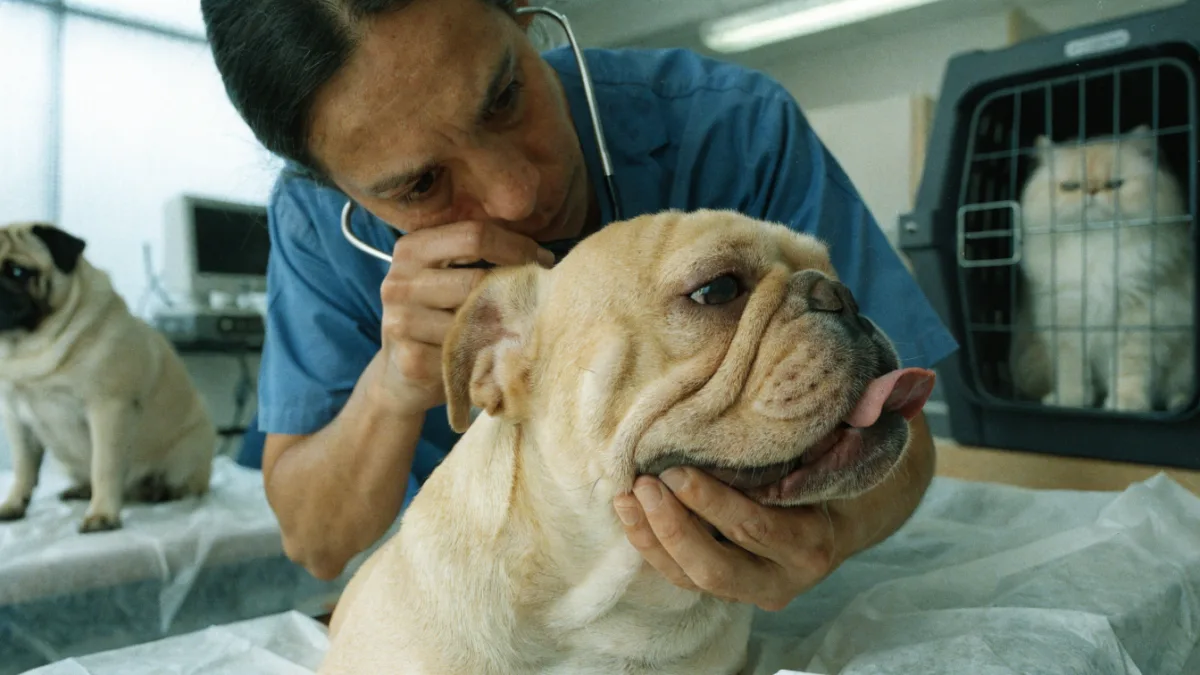 A veterinarian examines a French bulldog's airway as pugs and Persian cats face similar brachycephalic breathing problems.