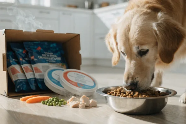 A senior dog eats fresh-delivered pet food beside an opened refrigerated subscription box.
