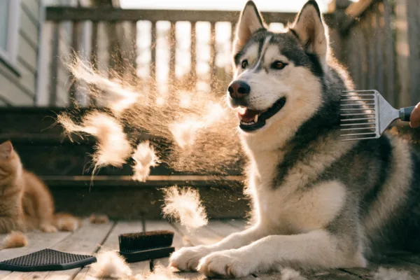 A Siberian Husky being brushed as loose undercoat fur floats in golden sunlight, with a fluffy cat lounging nearby.