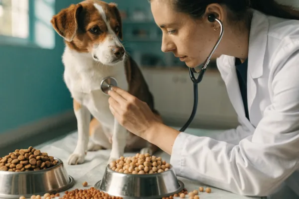 A veterinarian listens to a dog's heart beside bowls of grain and grain-free kibble.