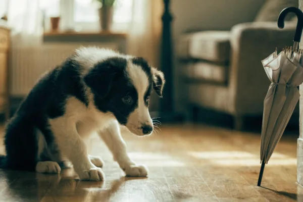 A once-confident Border Collie puppy hesitates before a harmless umbrella during the second fear period.