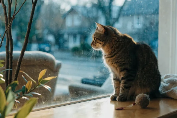 A healthy tabby cat watches the outdoor world safely from a sunlit windowsill inside its home.