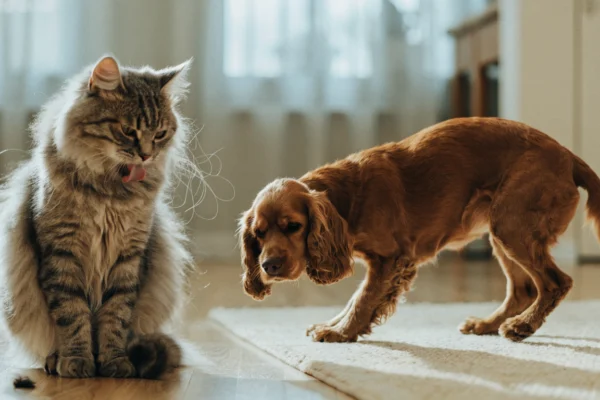 A cat grooming itself and a dog scooting on the rug illustrate hairballs versus anal gland issues in pets.