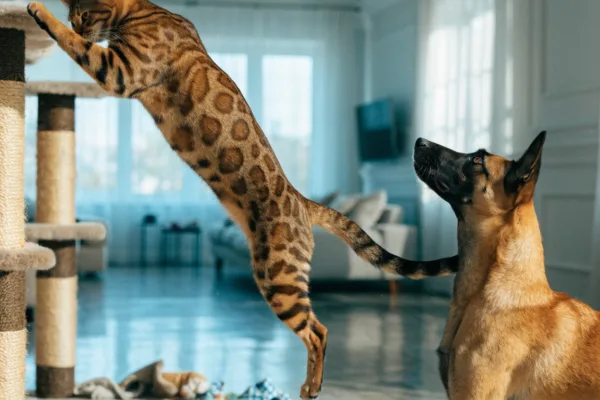 A Bengal cat and Belgian Malinois in action—two high-energy breeds bred for relentless work.