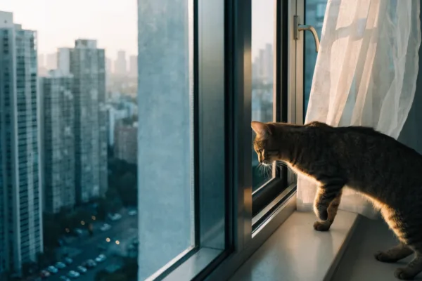 A tabby cat perches at an open high-rise apartment window above the city skyline, illustrating high-rise syndrome risk.