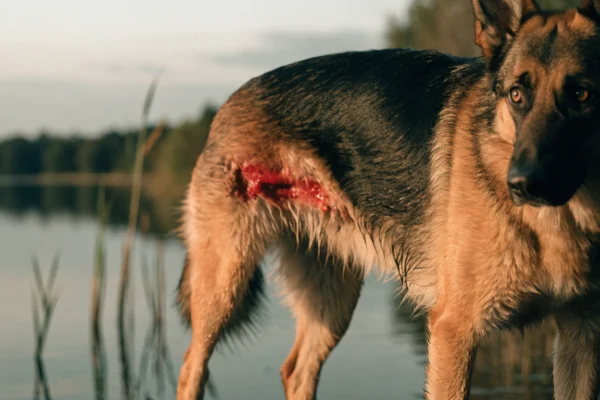 A damp German Shepherd with a painful hot spot lesion on its hip after an evening swim.