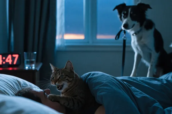 A cat meows insistently at a sleeping owner while a dog waits with leash at bedside, alarm clock glowing 4:47 AM.