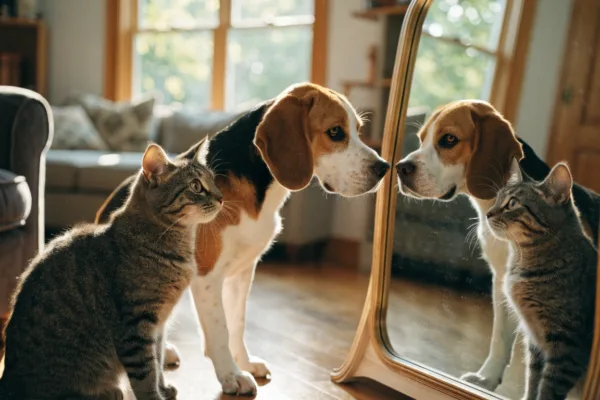 A curious dog and cat study their reflections in a mirror during the classic self-awareness test.