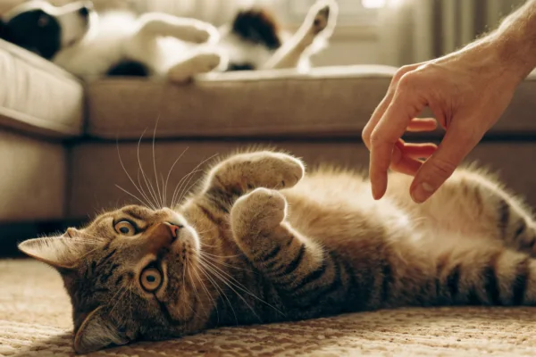 A wary tabby cat exposes her belly as a hand hesitates—trust, not always an invitation to pet.